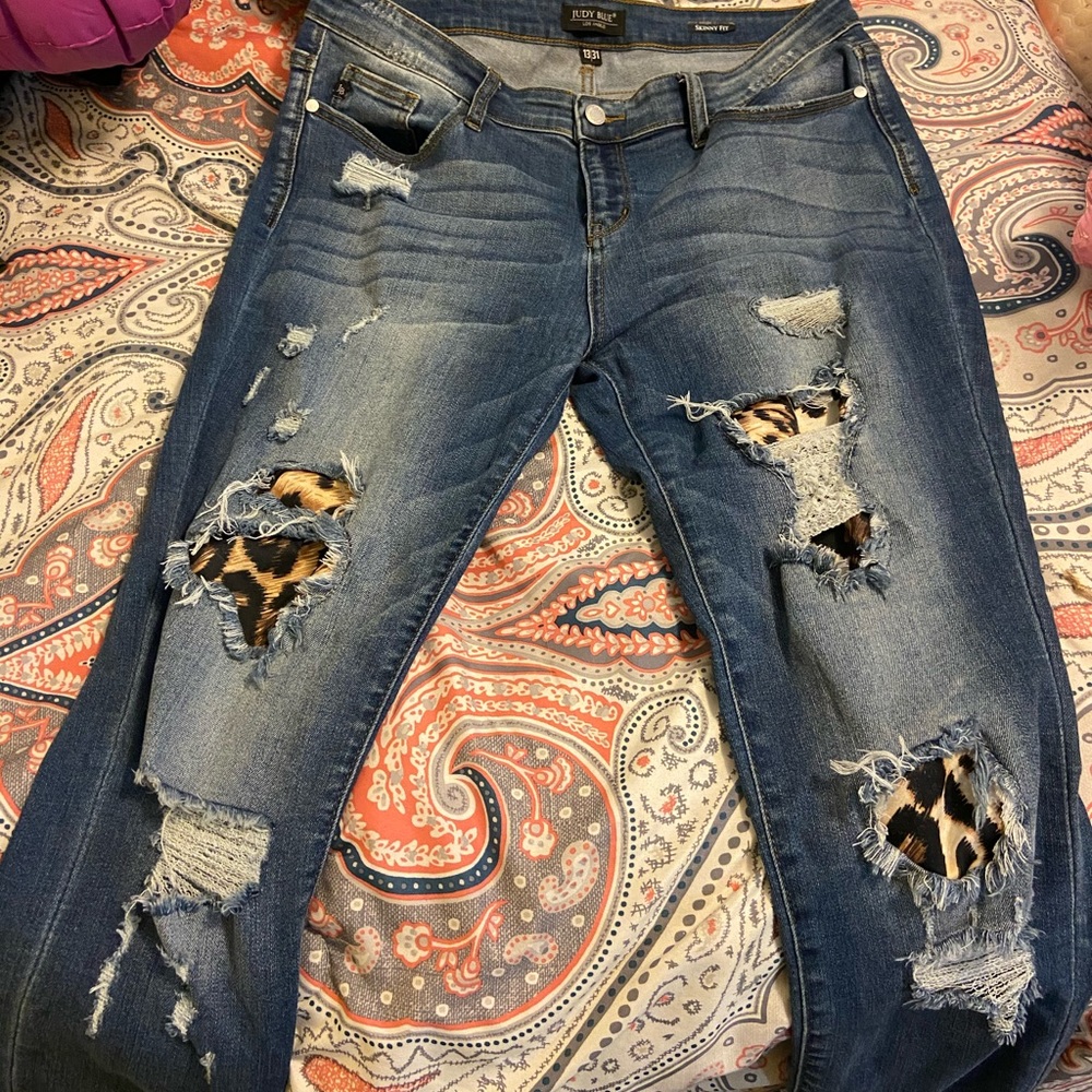 Leopard patch distressed denim